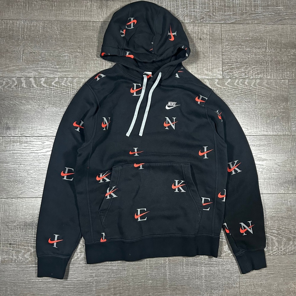Nike Mens Sportswear All Over‎ Print Logo Hoodie Black Orange CJ8907-010 Small